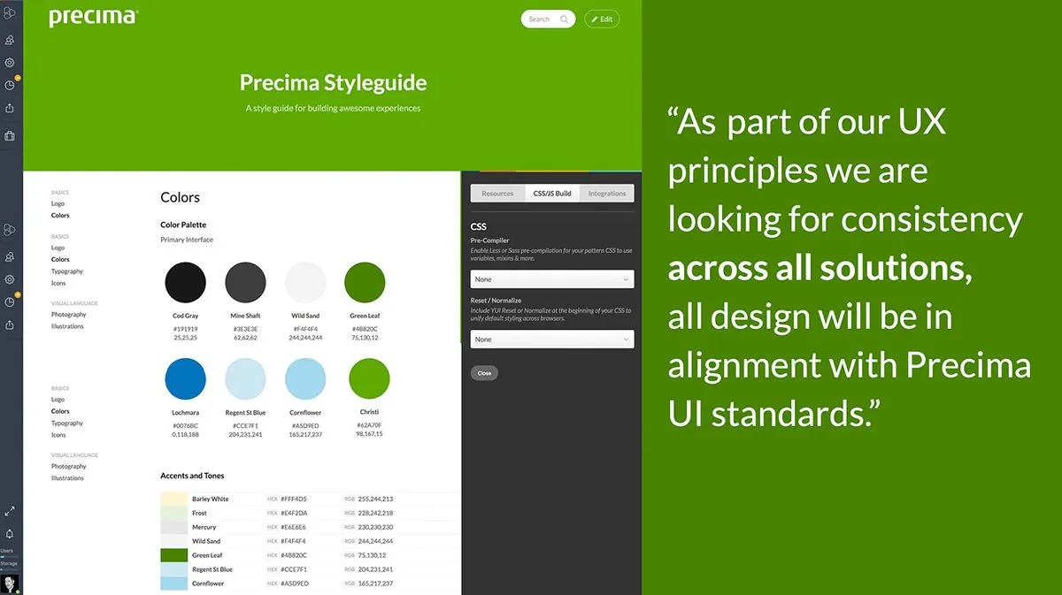 Precima style guide page with colors and UI principles