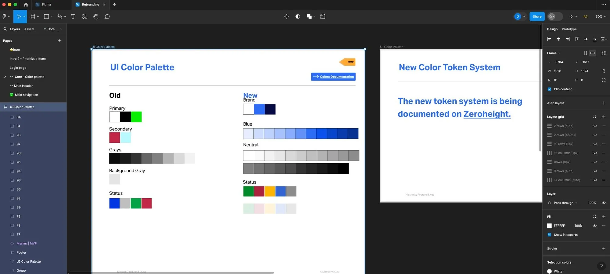 Old UI color palette beside the new color token system, with a note that it is documented in ZeroHeight