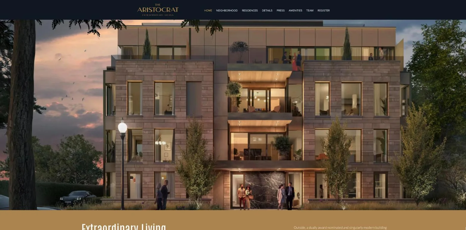 The Aristocrat website home page with the navigation and the building rendering at dusk