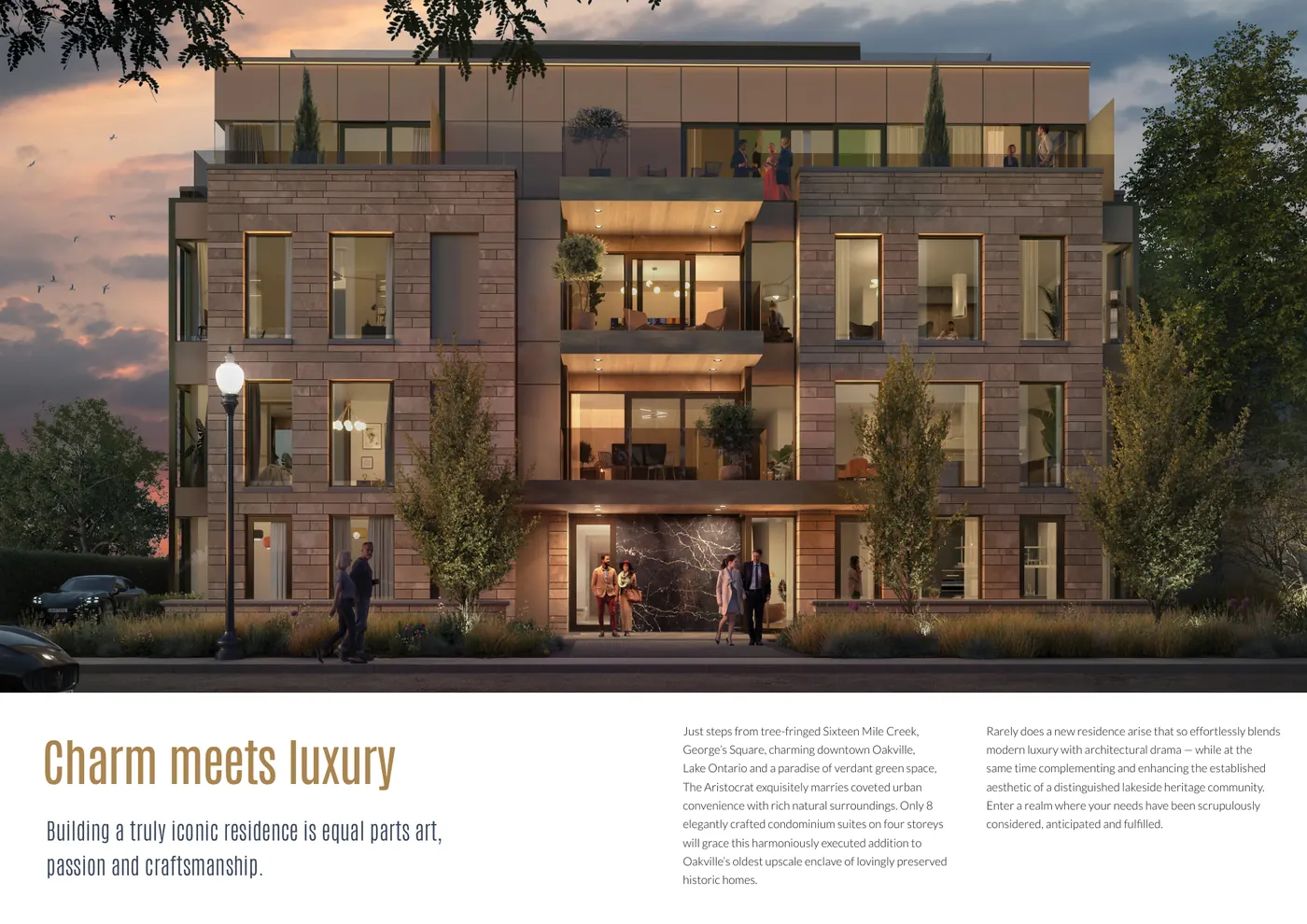Charm meets luxury: the building at dusk and the introduction