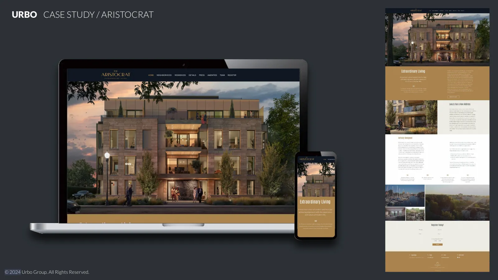 Mockup of The Aristocrat website on a laptop and a phone, beside a full-length page view