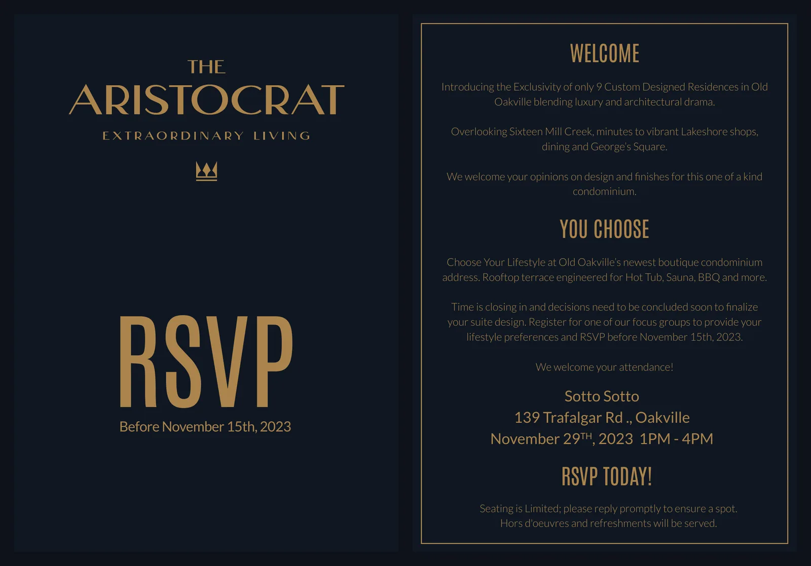 RSVP card front reading RSVP before November 15th, 2023, and back with event details and an introduction to the residences
