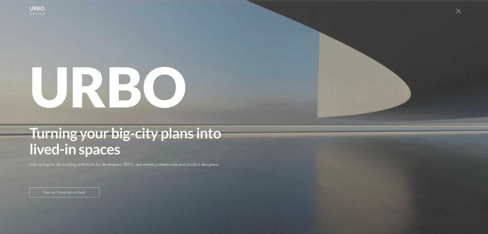 Urbo website home page: Turning your big-city plans into lived-in spaces, over an architectural horizon image